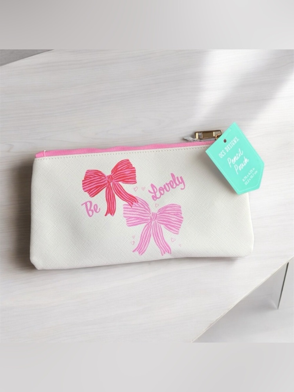 NEW OCS Designs Pink White BE LOVELY Bow Hearts Women's Pencil Pouch Makeup Bag